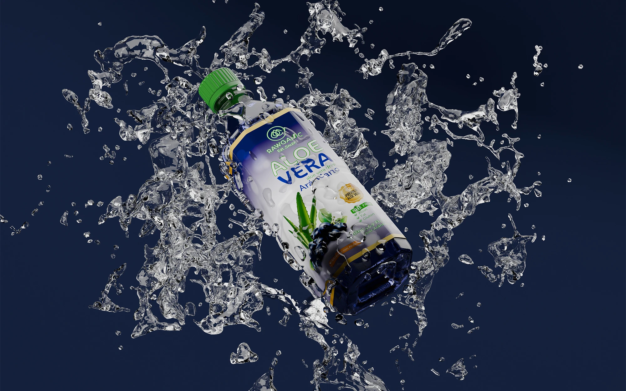 Botella de agua Rawganic sabor Aloe Vera con arándano sobre fondo oscuro