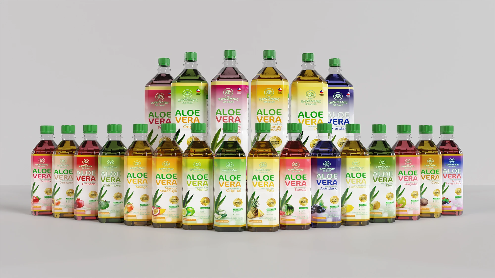 Detalle del diseño de etiqueta en botella Rawganic Aloe Vera.
