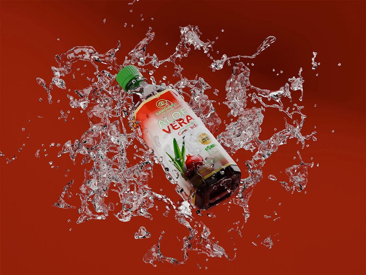 Botella de agua Rawganic sabor Aloe Vera con Granada sobre fondo rojo.