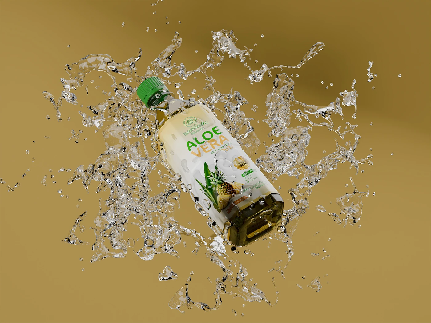 Botella de agua Rawganic sabor Aloe Vera con Piña sobre fondo amarillo.