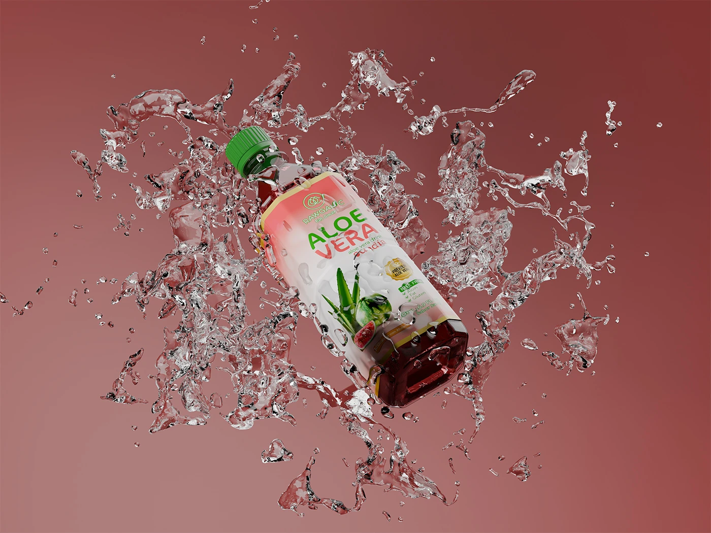 Botella de agua Rawganic sabor Aloe Vera con Sandía sobre fondo oscuro.