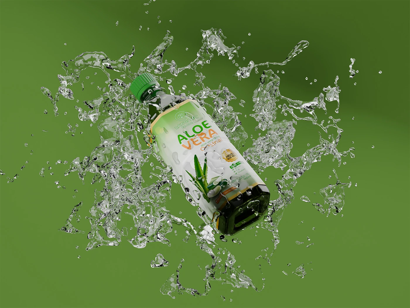 Botella de agua Rawganic sabor Aloe Vera Original sobre fondo verde.