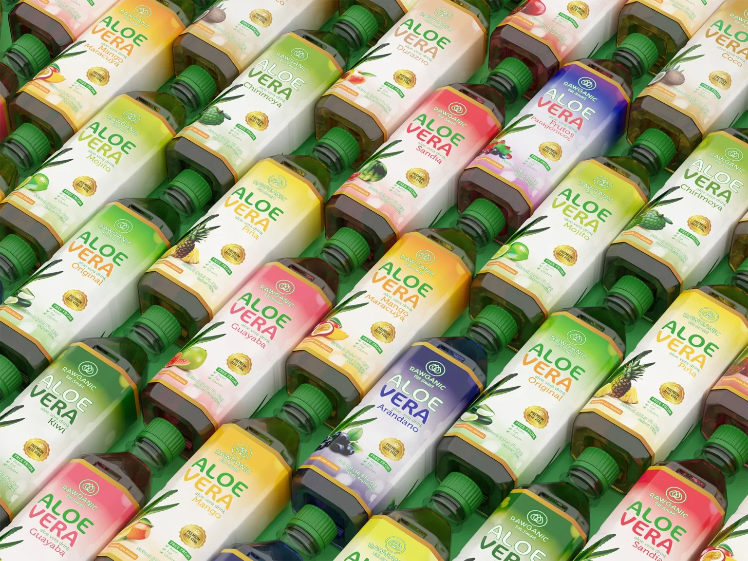 Botellas Rawganic Aloe Vera con frutas y hojas naturales en fondo rústico.