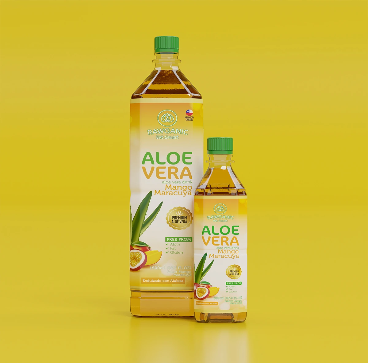 Dos botellas de agua Rawganic sabor Aloe Vera con mango-maracuya en formatos de 1 litro y 500 ml.
