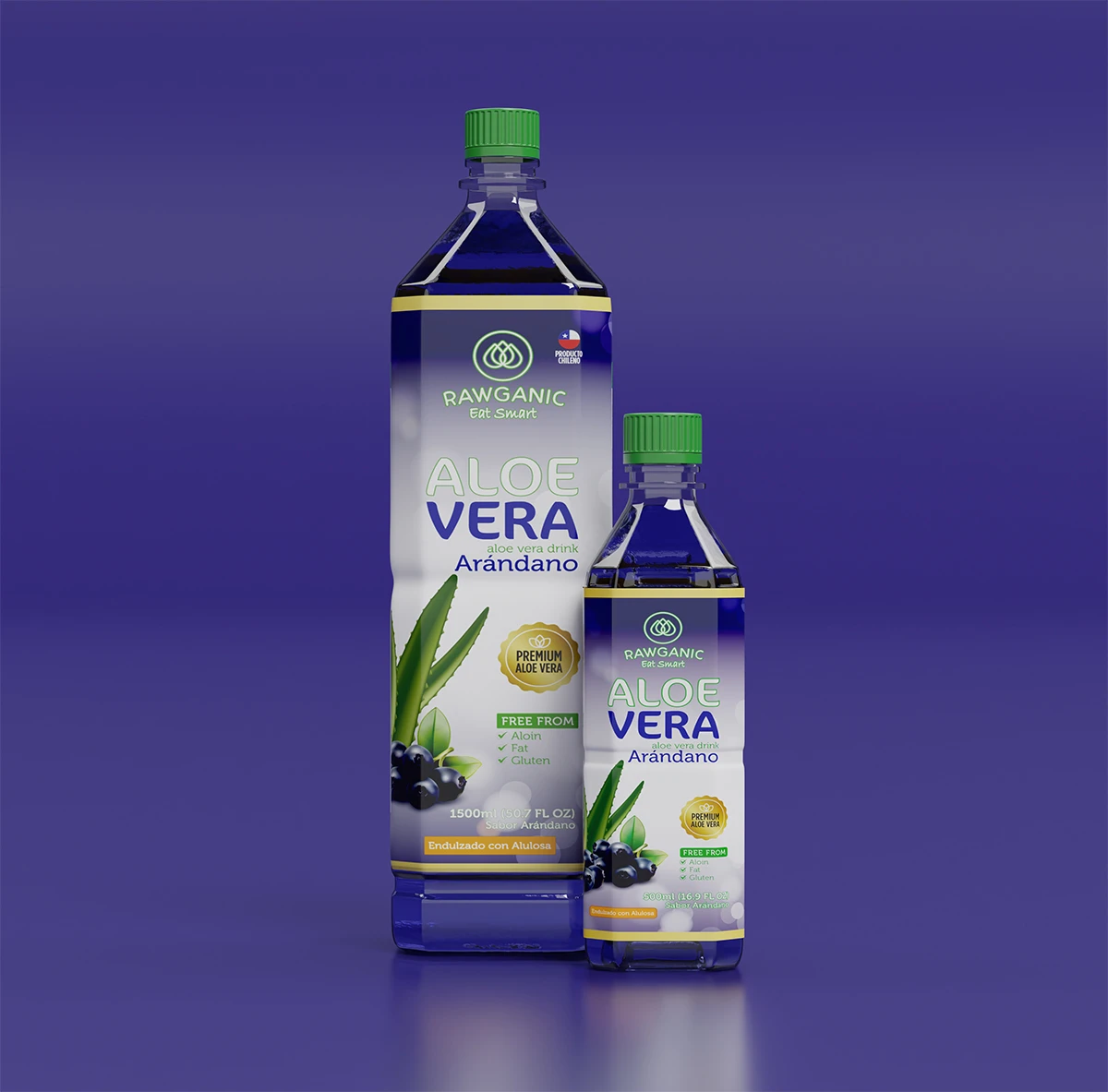 Dos botellas de agua Rawganic sabor Aloe Vera con arándano en formatos de 1 litro y 500 ml.