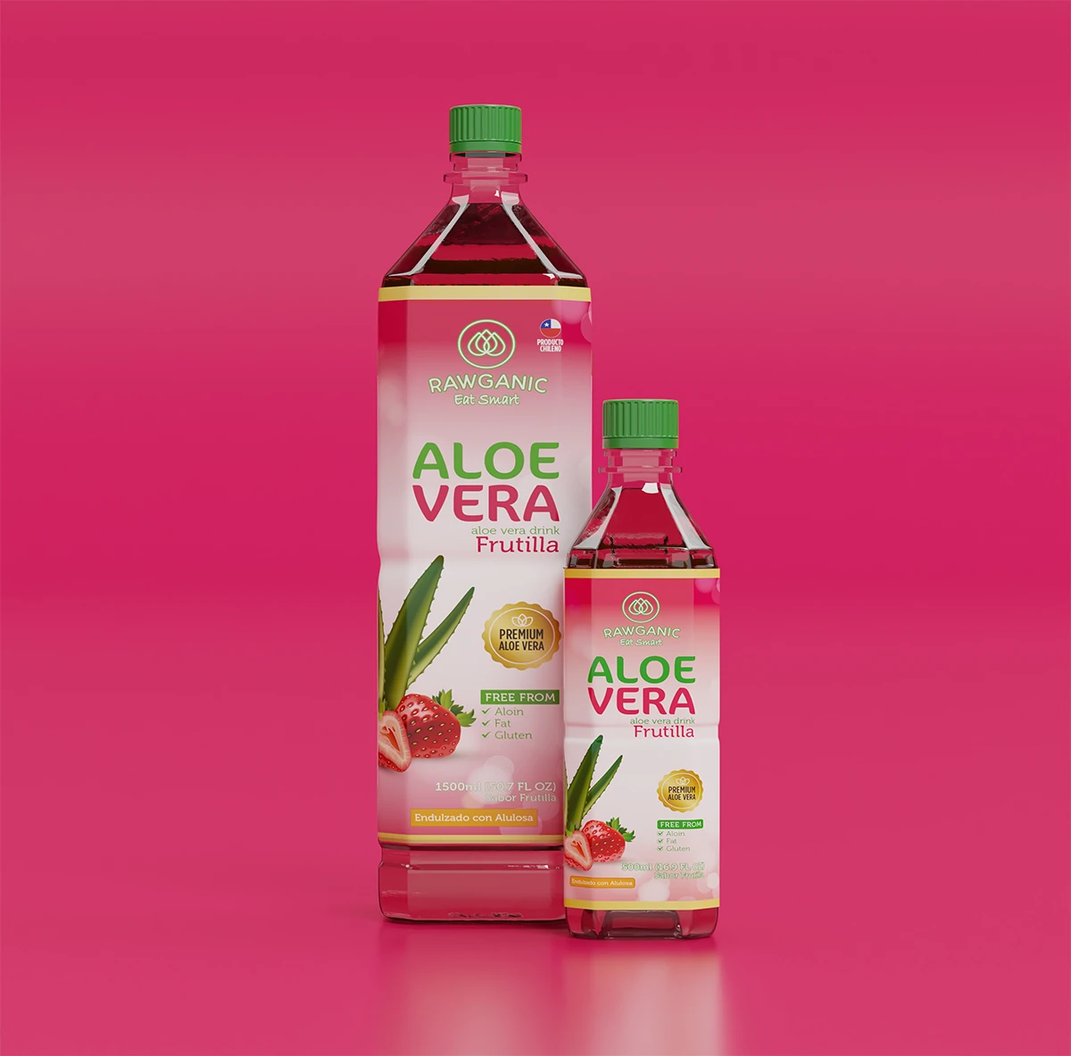 Dos botellas de agua Rawganic sabor Aloe Vera con frutilla en formatos de 1 litro y 500 ml.