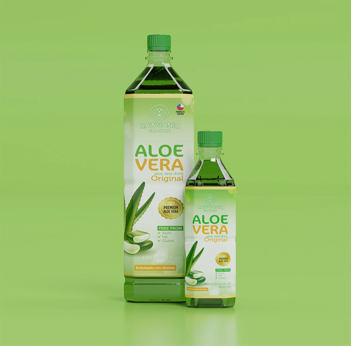 Dos botellas de agua Rawganic sabor Aloe Vera con Sabor Original en formatos de 1 litro y 500 ml.