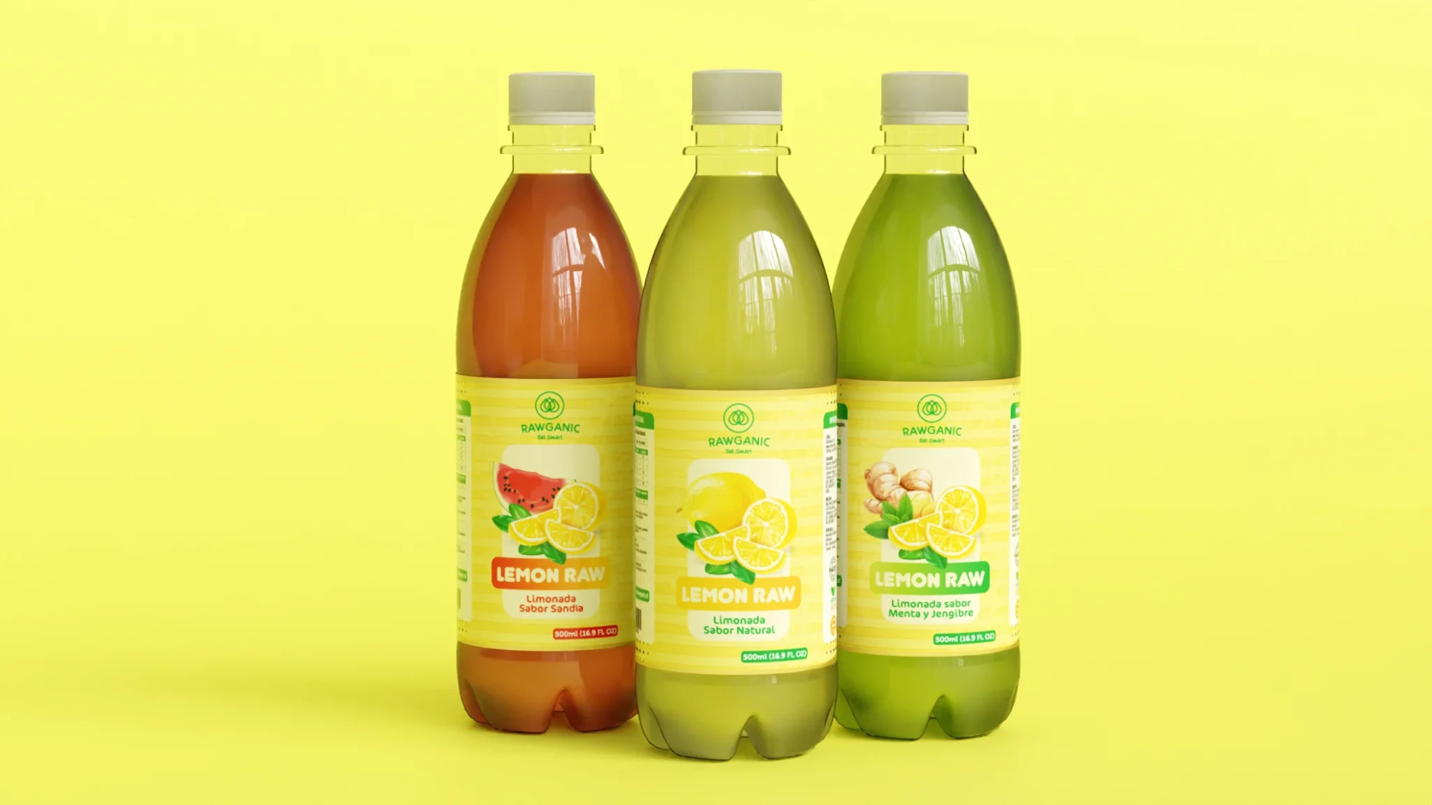 3 Botellas de limonada Lemon Raw Aloe Vera sobre fondo amarillo