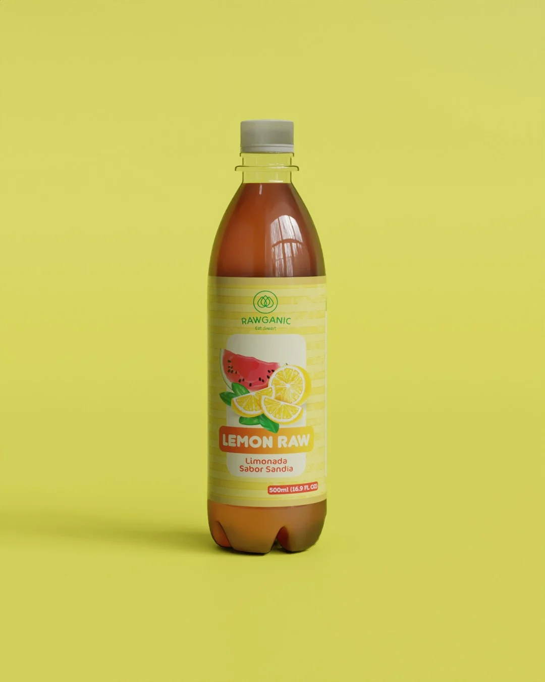 Botella de limonada Lemon Raw sabor sandía en fondo de colores vivos.